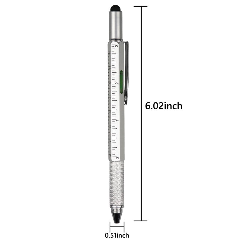 DUNBONG Metal Multi tool Pen 6-in-1 Stylus Pen - With Screwdriver, Ballpoint Pen Black ink, Stylus pen, Level and Ruler, 1-Count (Silver) - Image 2